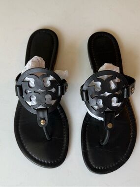 Tory Burch Black Leather Miller Logo Thong Sandals